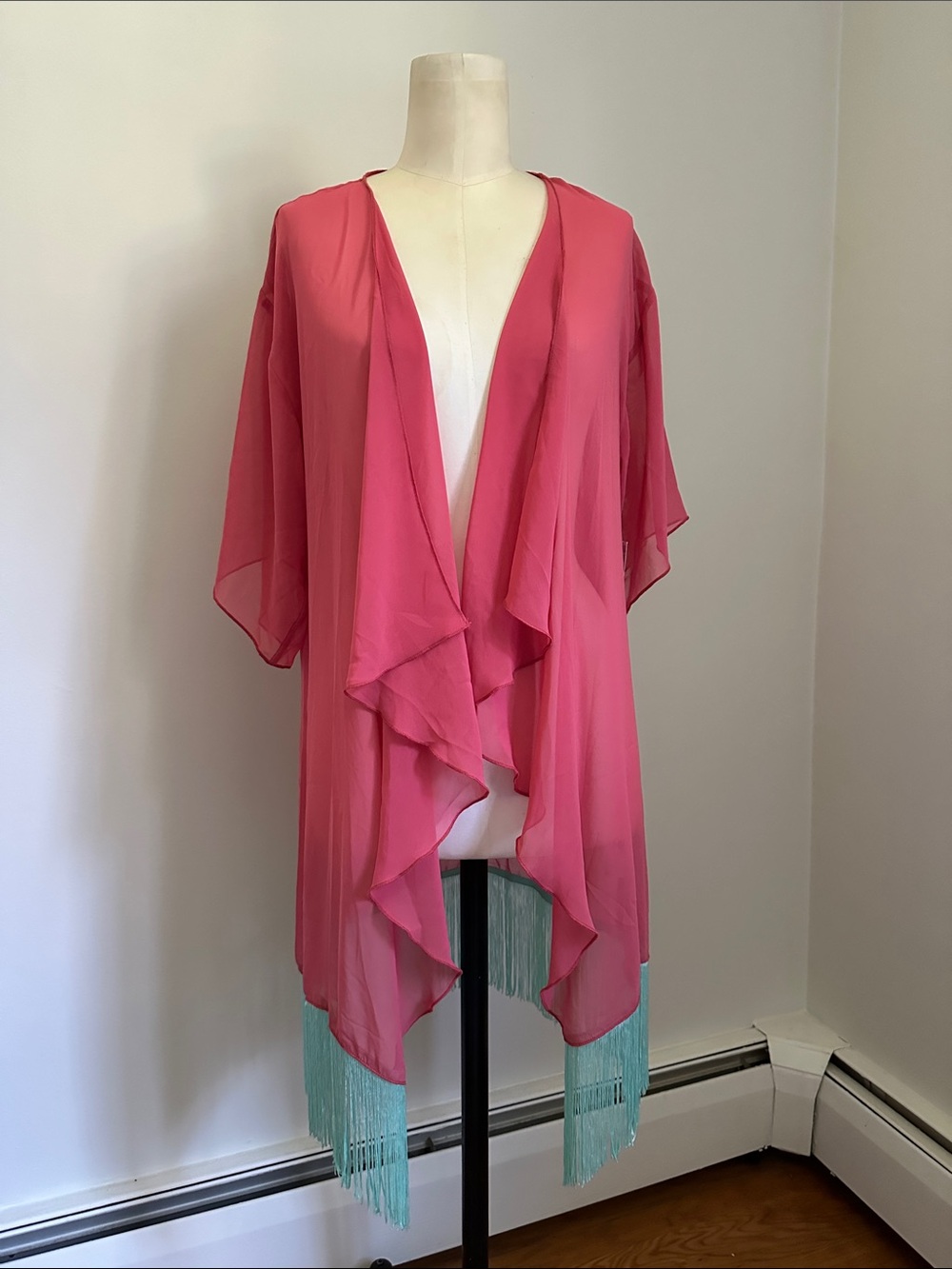 NWT LuLaRoe Monroe Kimono Coral Teal Fringe Cover Up Beachy Vacation NEW